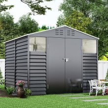 8.09 x 8.53 ft Apex Metal Garden Storage Shed - Charcoal Black, Double Doors, 2 Windows, Built-in Shelving, Ventilation, Padlock Compatible