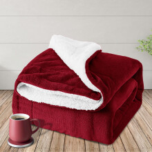 (Burgundy Red, SINGLE: 130cm x 150cm) Sherpa Mink Blanket Reversible Throw Single Double King Size