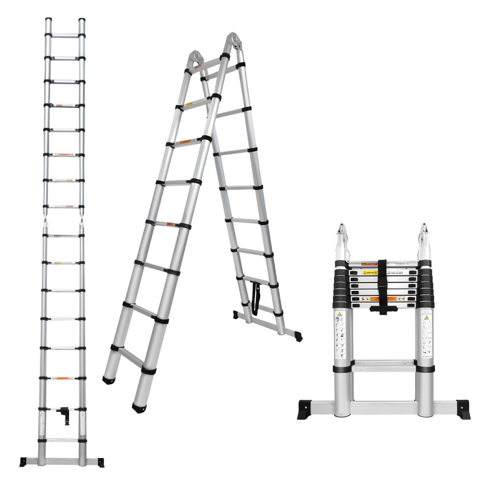 (3.8M(1.9M+1.9M)) Telescopic A-Frame Ladder with  Stabilizer Bar Aluminium Stepladder Max Capacity 330lbs/150kgs