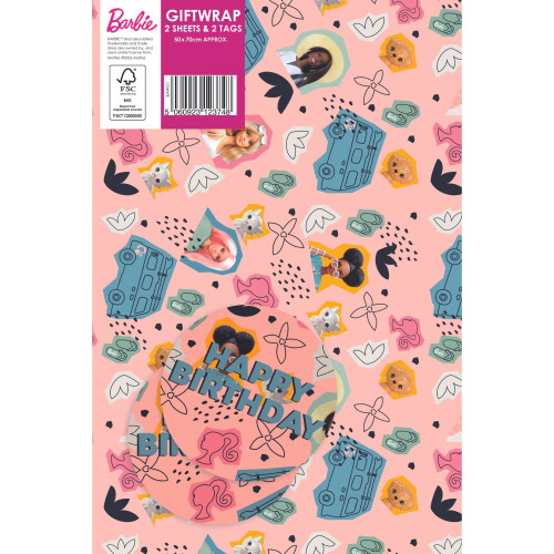 Barbie Barbie Geburtstag Geschenkpapier, 2 Bögen & 2 Tags, Kinder Geschenkpapier 2