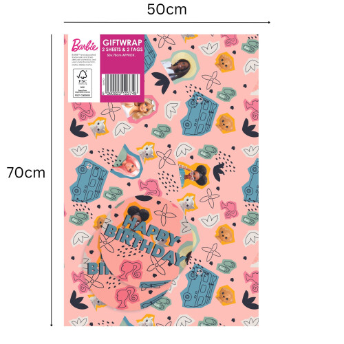 Barbie Barbie Geburtstag Geschenkpapier, 2 Bögen & 2 Tags, Kinder Geschenkpapier 1