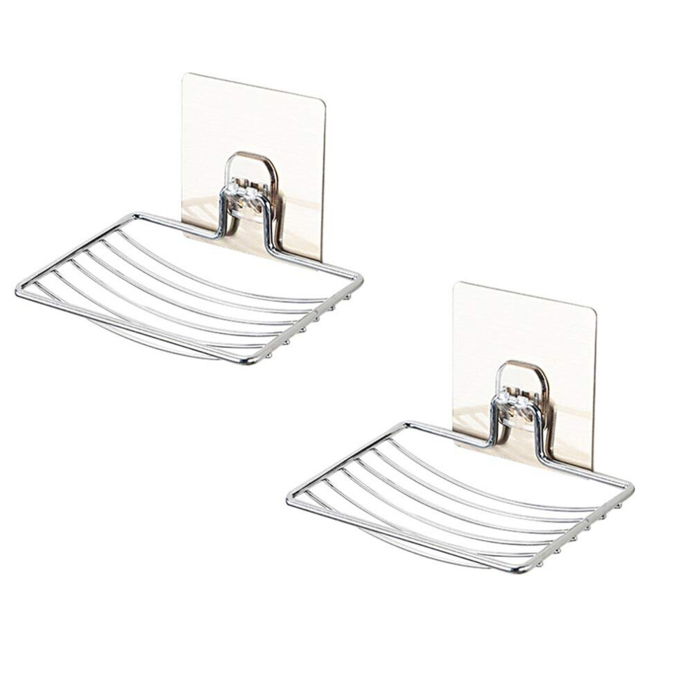 Sturdy Soap Dish Holder, 2 Pack Self Adhesive Wall Mounted Soap Holder Storage Saver Rack (Silver)
