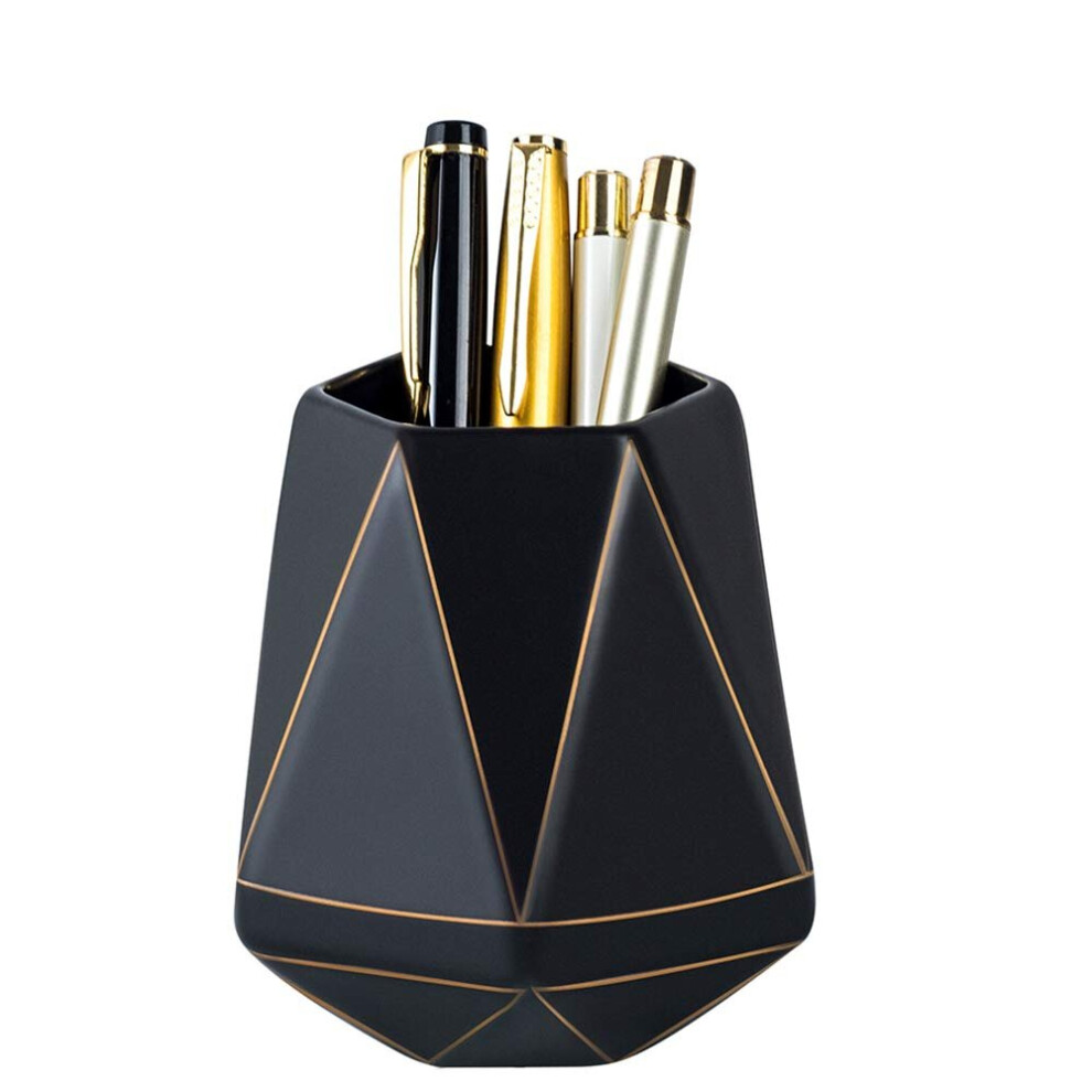 Ceramic Desk Pen Holder Stand Golden Line Pencil Cup Pot Desk Makeup Brush Holder (Black)