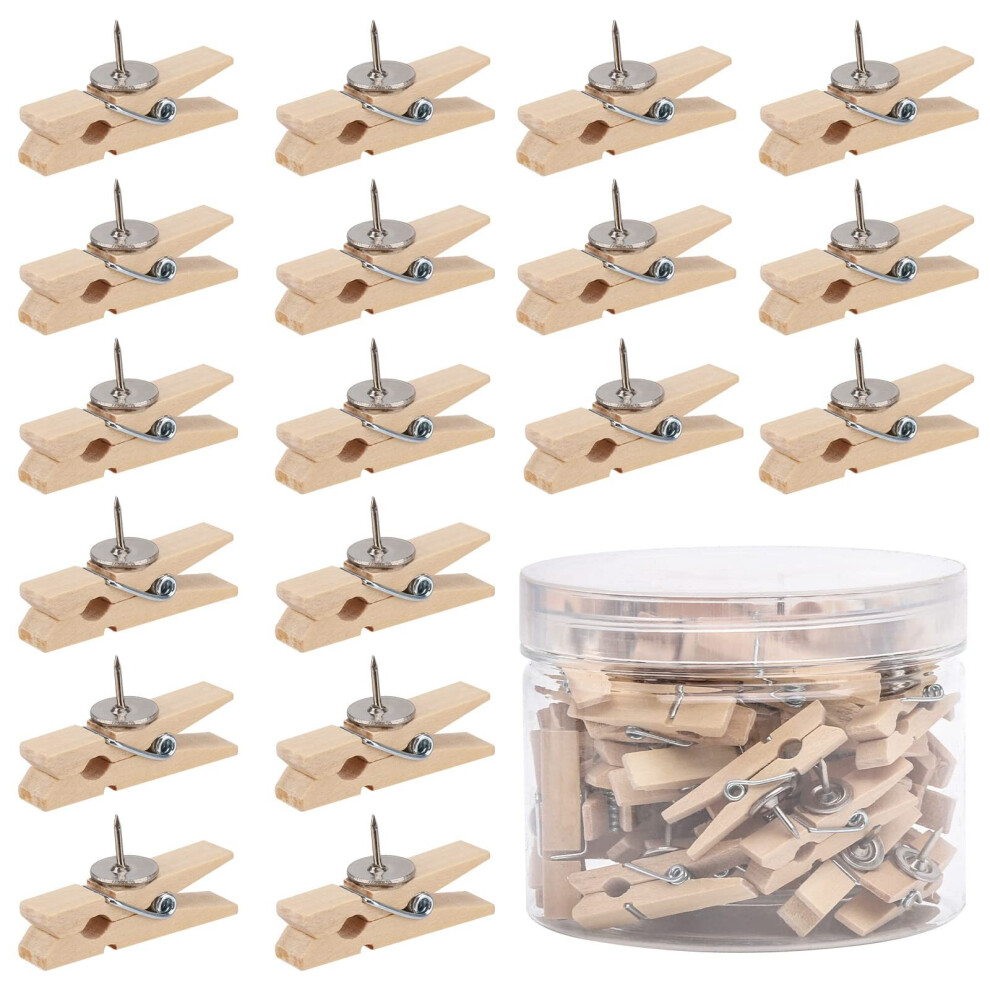 Push Pins With Wooden Clips 50Pcs Wooden Clip Thumbtack for Cork Board Arts Projects (Wood Color)