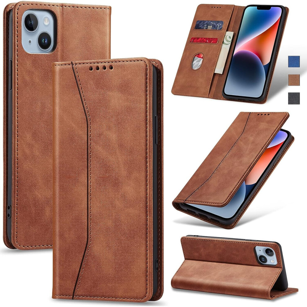 Case For Iphone 14 With Kickstand, Magnetic Closure,Tpu Shockproof(Brown) Brown 8325711123681