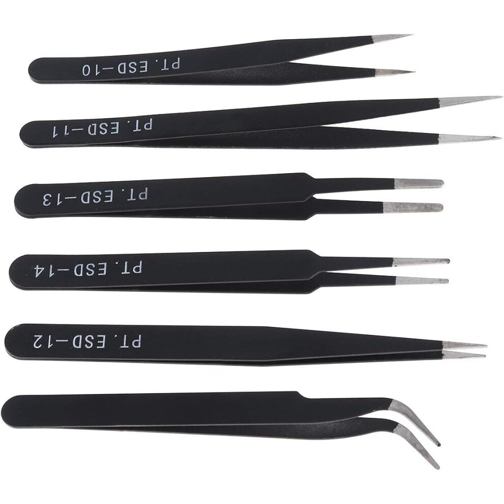6PCS ESD Tweezers Set, Anti-Static Stainless Steel Tweezers for Jewelry, Craft, Electronics