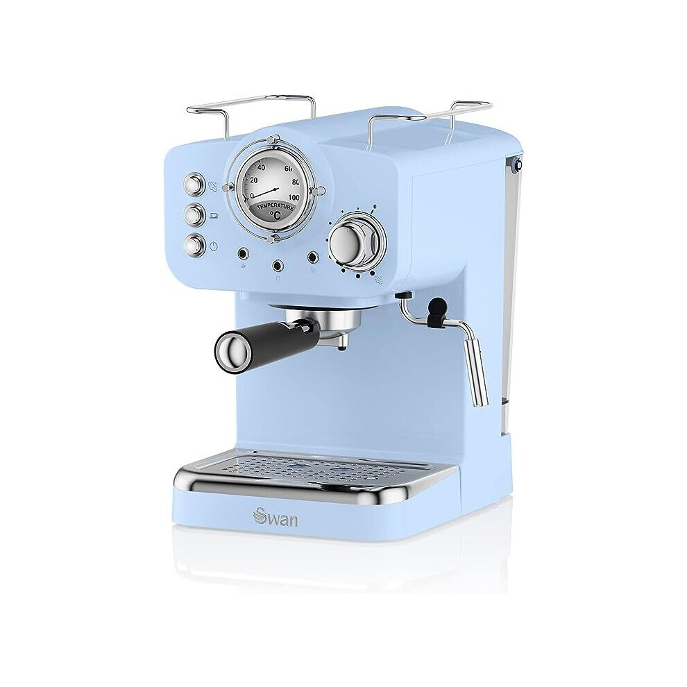 Swan Retro Pump Espresso Coffee Machine, Blue, 15 Bars of Pressure, Milk Frother, 1.2L Tank, SK22110BLN