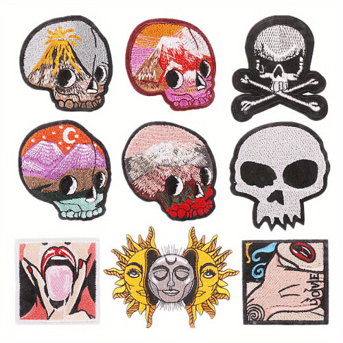 9pcs Skull Iron On Patches Sew On Embroidered Applique Repair Patch Diy