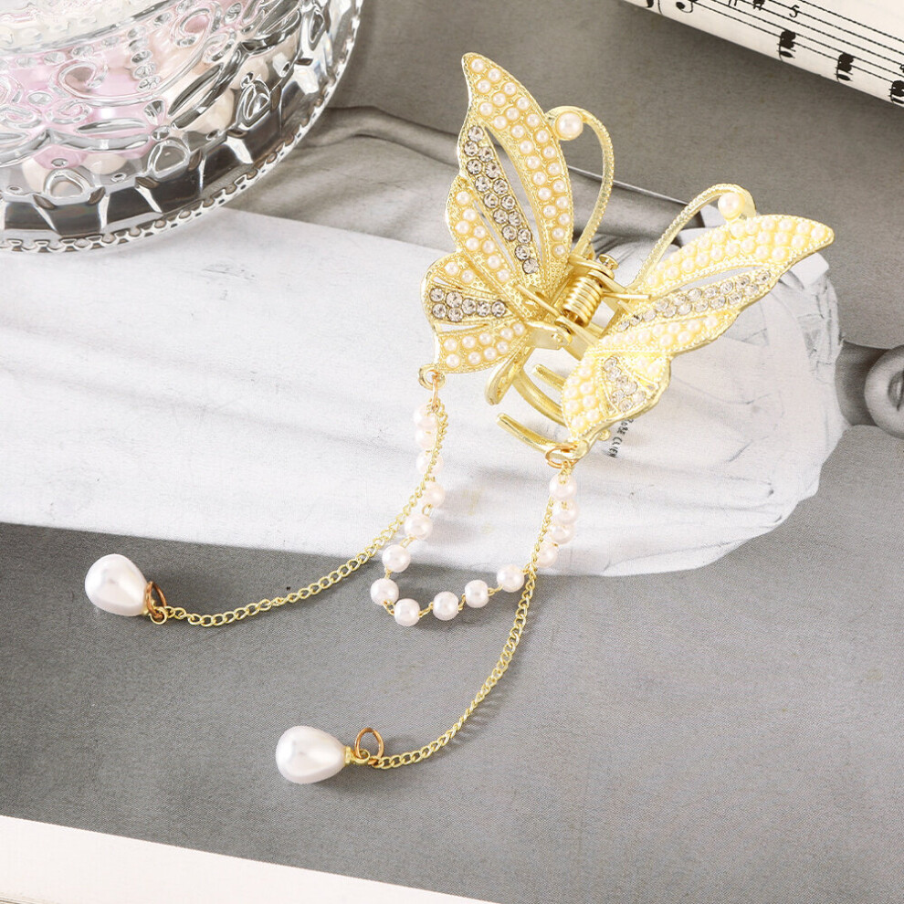 Butterfly Faux Pearl Hair Claw Clip With Long Chain Tassel Zinc Alloy Hollow Out Butterfly Rhinestone Hair Clip Shinny Hair Accessories-image-OPC-PC2GQRM-NEW