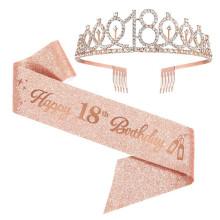 2pcs set 18th Birthday Crown With Comb Sash Rhinestone Tiara Head Jewelry For Birthday Party