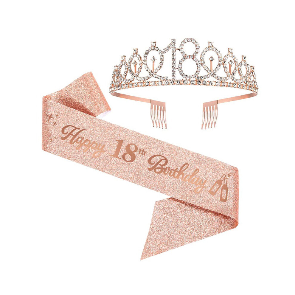 2pcs set 18th Birthday Crown With Comb Sash Rhinestone Tiara Head Jewelry For Birthday Party