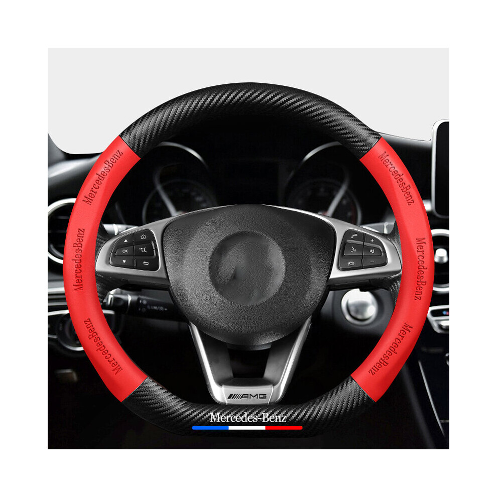 (D) Car Steering Wheel Cover Anti-Slip Leather Carbon Fiber For Mercedes Benz