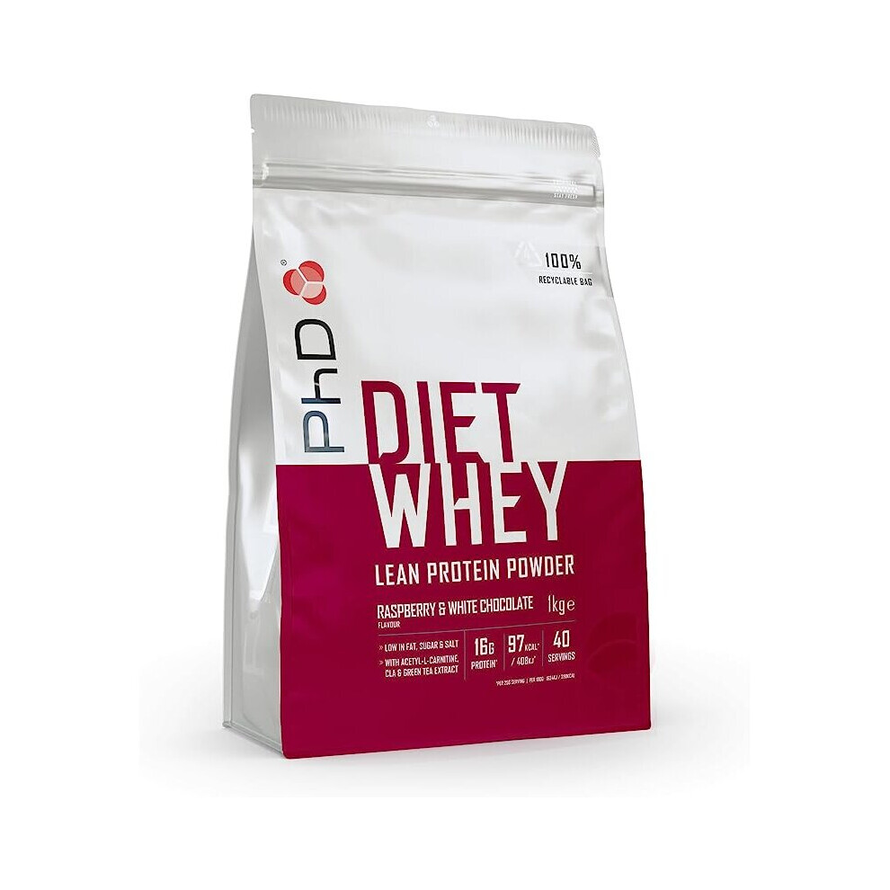 PhD Nutrition Diet Whey High Protein Lean Matrix, Raspberry and White Chocolate Diet Whey Protein Powder, High Protein, 40 Servings Per 1 kg Bag