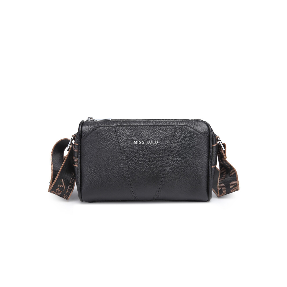 (Black) MISS LULU SIMPLE AND ELEGANT WIDE STRAP GENUINE LEATHER CROSSBODY BAG