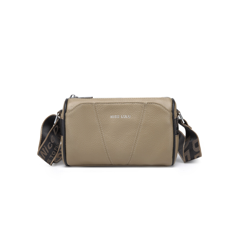 (Khaki) MISS LULU SIMPLE AND ELEGANT WIDE STRAP GENUINE LEATHER CROSSBODY BAG