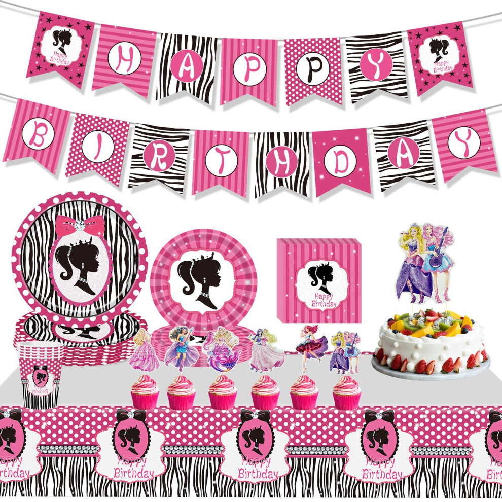 82pcs Barbie Party Decoration Paper Cup Fork Spoon Tablecloth Banner Birthday Decoration