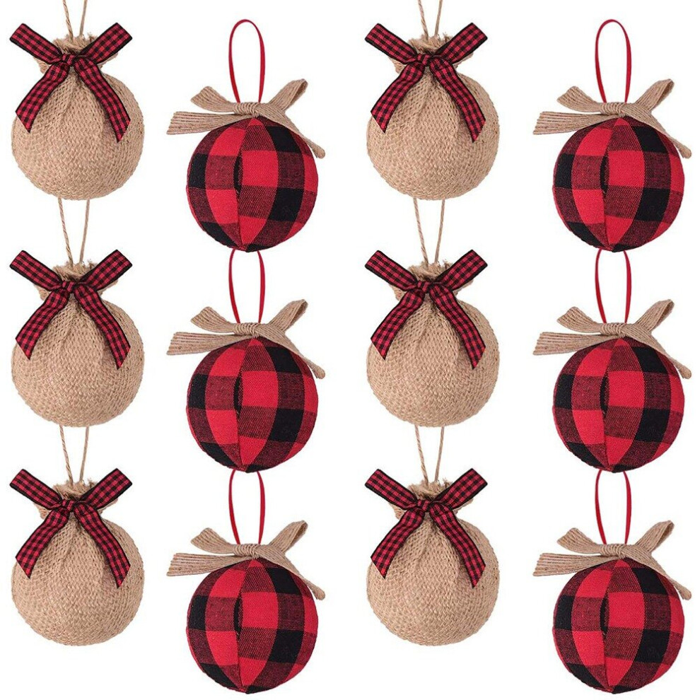 Ornaments, 12 Pcs 2-1/2 Inches Red Black Check Stitching Burlap-image-OPC-PC2M5NT-NEW