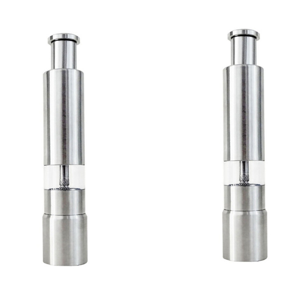 Tlily 2X Salt And Pepper Grinder Stainless Steel Push Button Silver For Cooking Spice Thumb Push Pepper Mill Portable Grinder