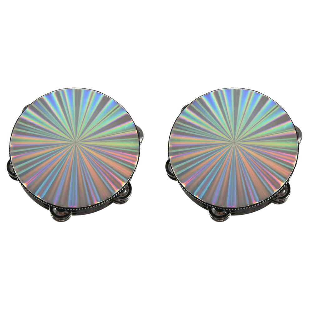 2X 8 Inch Wooden Tambourine Handbell Hand Drum Reflective Head Percussion Instrument Toy Dancing Singing Accompaniment