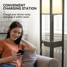(Black(with a bulb, 2 USB, Drawer)) 3-Tier LED Floor Lamp Wooden Shelf with Storage