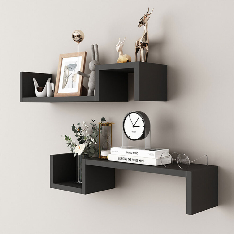 Set of 2 Black Wooden Wall Mounted Floating Shelves