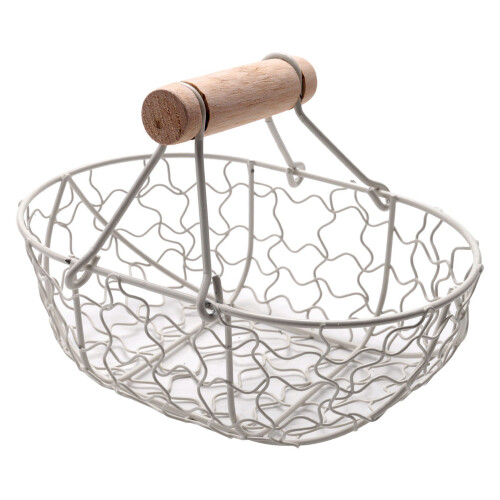 Wooden Handle Metal Retro Basket White