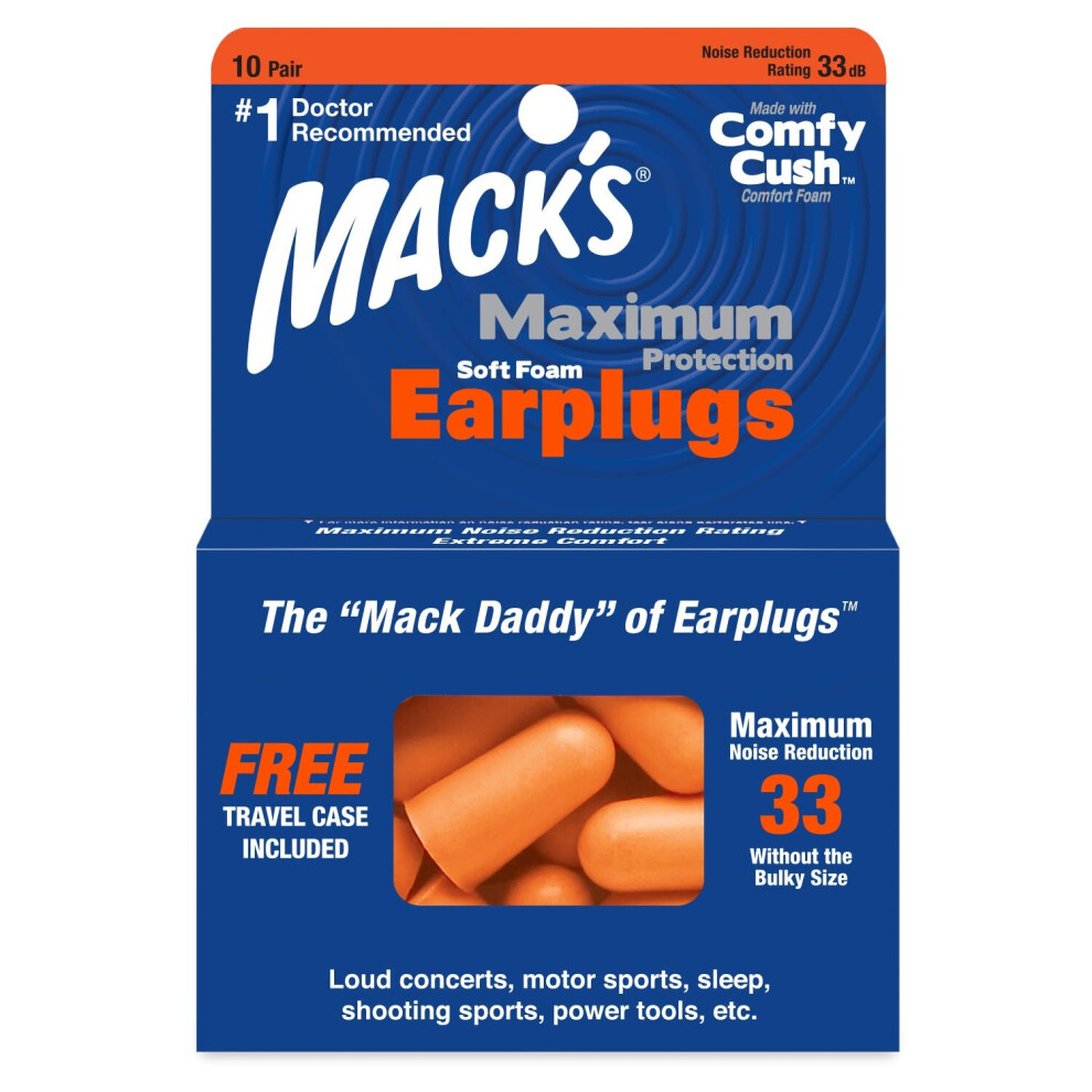 (10 Pairs + Travel Case) Mack's - Maximum Protection Soft Foam Earplugs