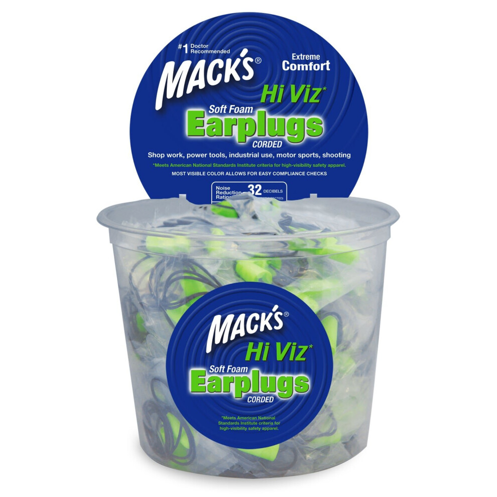 (100 Pairs Corded) Mack's - Hi Viz Soft Foam Ear Plugs 033732005005