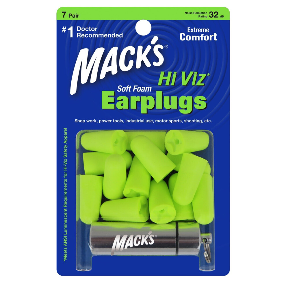 (7 Pairs + Travel Case) Mack's - Hi Viz Soft Foam Ear Plugs 033732002875