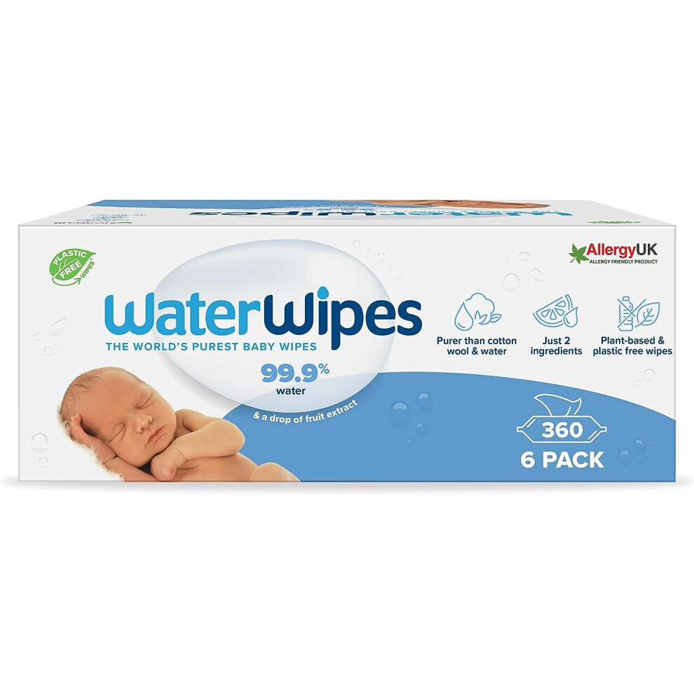 WaterWipes Original Plastic Free Baby Wipes, 360 Count (6 packs), 99.9% Water Based Wet Wipes & Unscented for Sensitive Skin