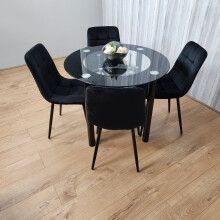 Round Glass Black Dining Table,Storage Shelf And 4 Black Velvet Chairs