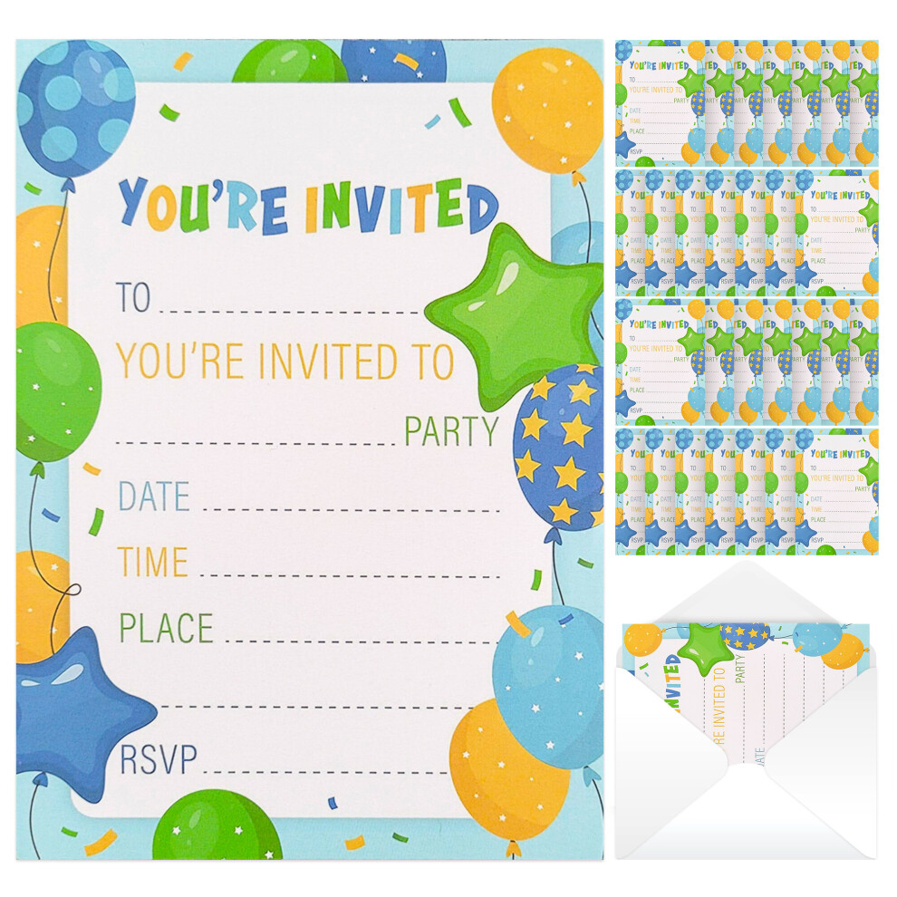 (BLUE (Boys), 28 invites (1 x28pk)) 28-56 Birthday Invitations Kids with Envelopes