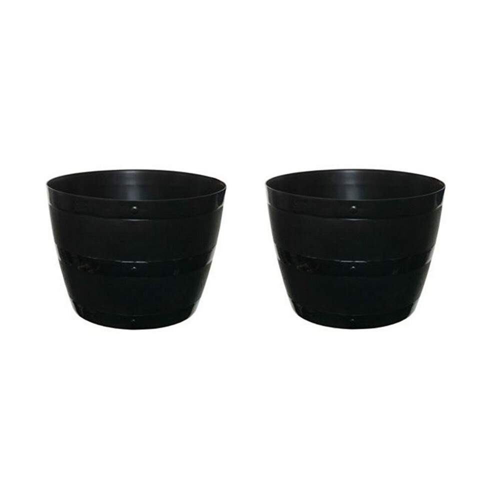 2 Black Barrel Planter Small Round Plastic Plant Pot 34cm Patio Garden