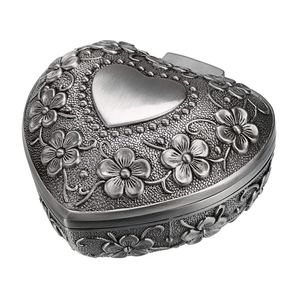 Vintage Heart Shape Jewelry Box - Small Antique Ring/Earrings/Necklace Storage Organizer Case, Metal Treasure Chest Trinket Keepsake Gift Box for Wome