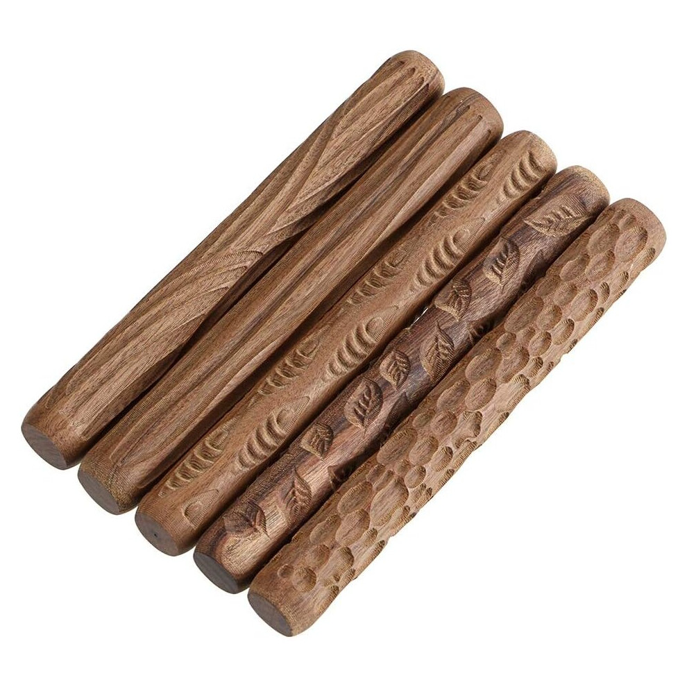 Set of 5 Clay Modeling Pattern Rollers Kit, Fish Leaves Cobblestone Ripple Wood Grain Pattern 4.7 in Clay Rolling Pin Textured Hand Roller Wooden Hand