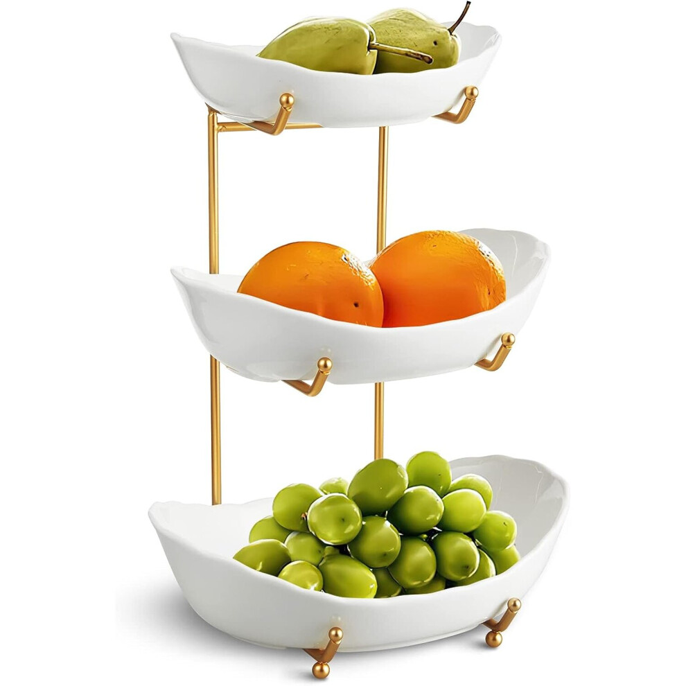 Fruit Bowl for Kitchen Counter - 3 Tier Ceramic Serving Bowls with Metal Stand, Tiered Fruit Basket for Fruit Vegetable Storage, Snack, Nuts, Cake, De