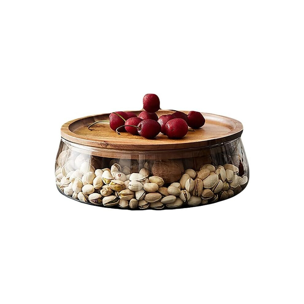 Glass Candy and Nuts Serving Container with Wooden Lid, Round Food Storage Platter, Snack Tray Bread Plates Salad Fruit Vegetable Large Bowls-image-OPC-PC2Q7C9-NEW