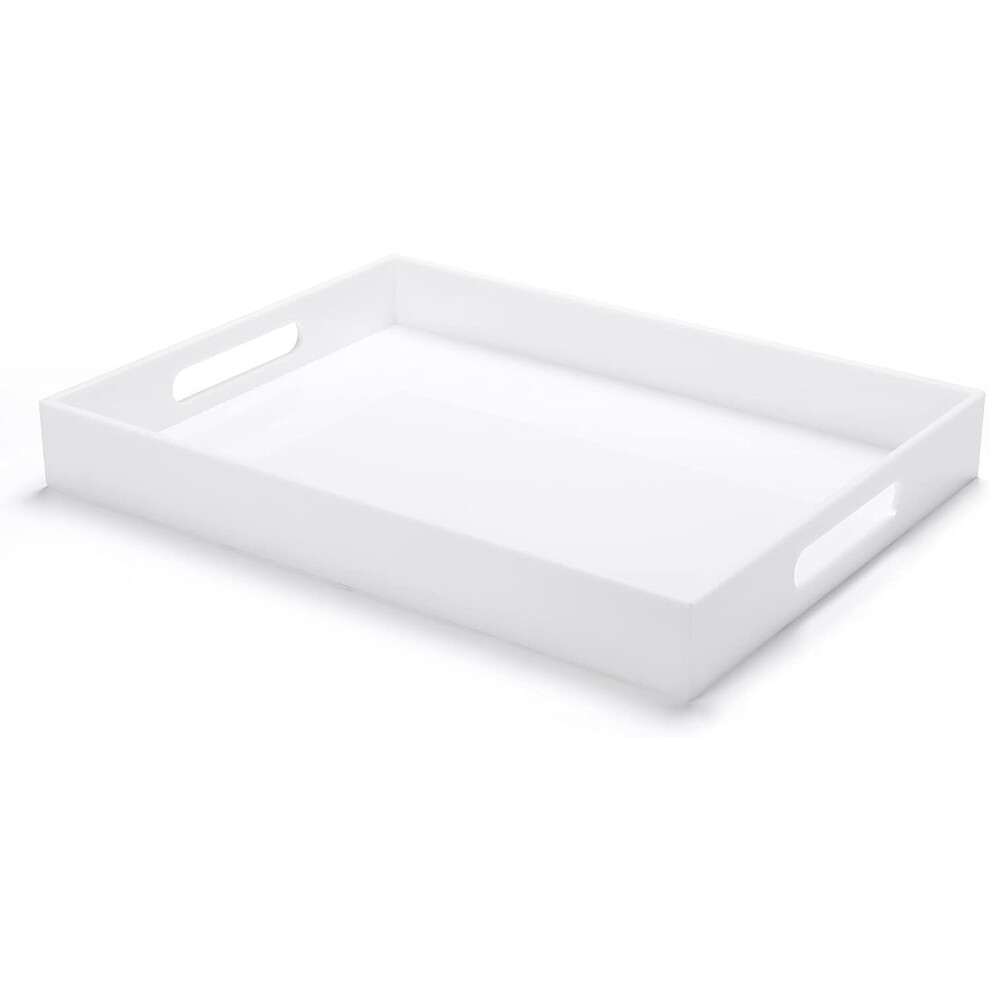 White Acrylic Ottoman Tray with Handles 12x16x2 Inch Spill Proof Serving Tray Safe Edge Organizer Tray Decorative Tray for Living Room Bedroom Kitchen