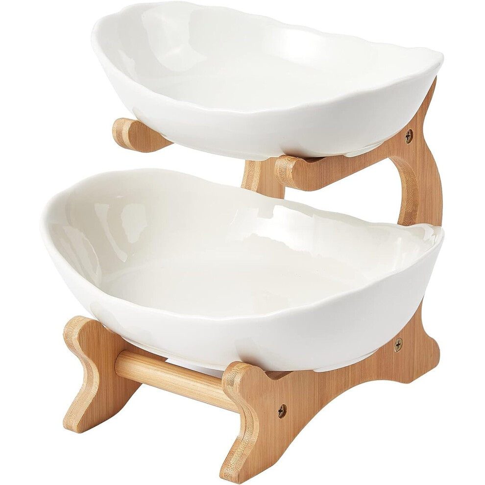 2 Tier Ceramic Fruit Bowl, with Bamboo Wood Stand, White Kitchen Fruit Basket Stand Fruit Serving Tray Set for Vegetable Storage, Snack Dessert Cake C