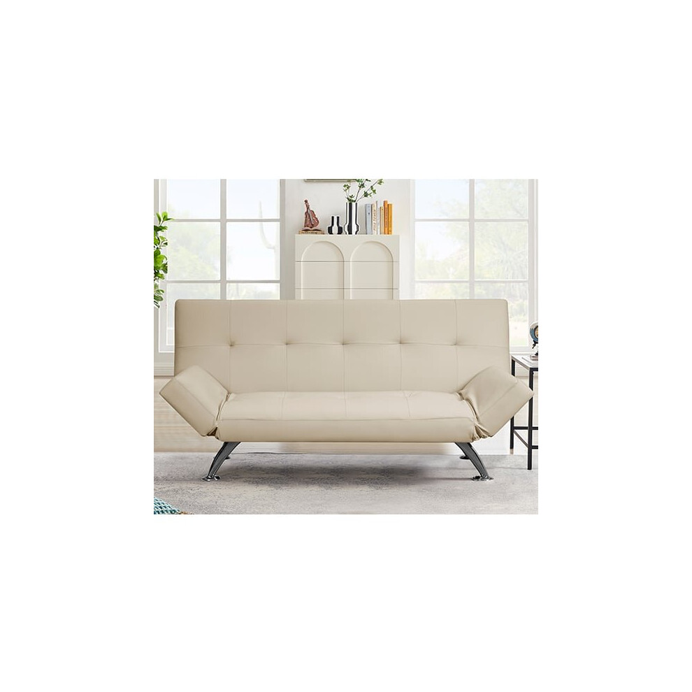 Venice Faux Leather Sofa Bed In Cream With Chrome Metal Legs