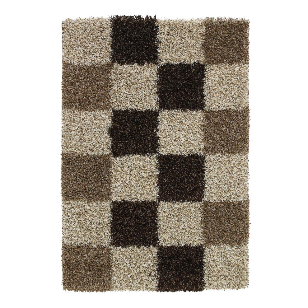 (80cm x 150cm) Vista Shaggy Pile Checked Rug Polypropylene Floor Mat (Beige)