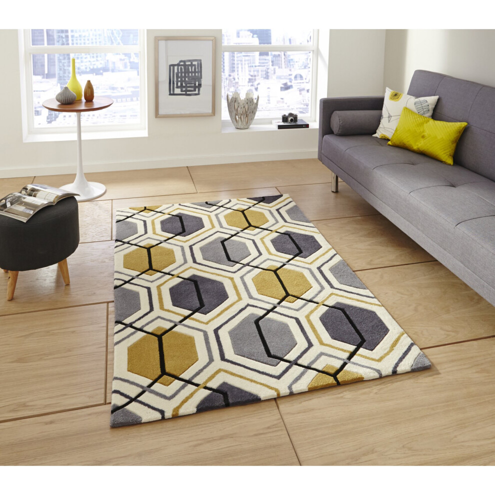 (Grey & Yellow, 120cm x 170cm) Hong Kong Hexagon Rug Acrylic Hand Tufted Geometric Mat