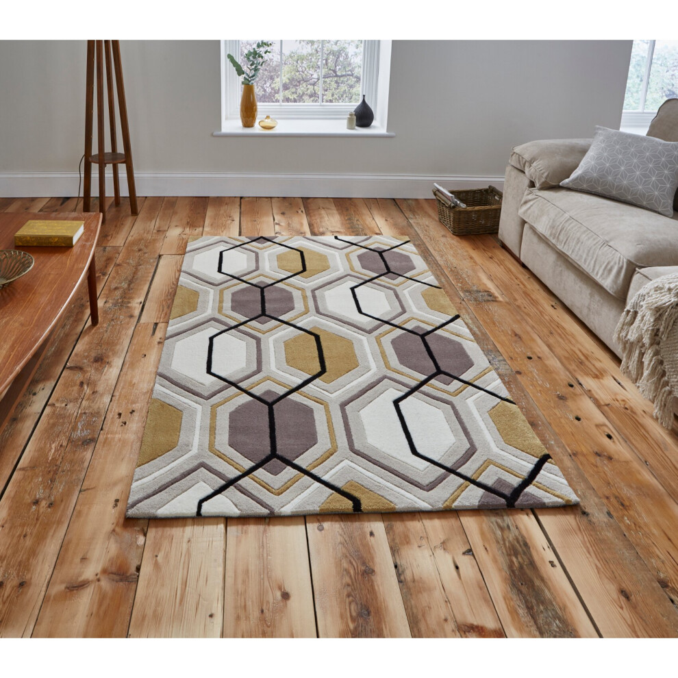 (Beige & Yellow, 120cm x 170cm) Hong Kong Hexagon Rug Acrylic Hand Tufted Geometric Mat