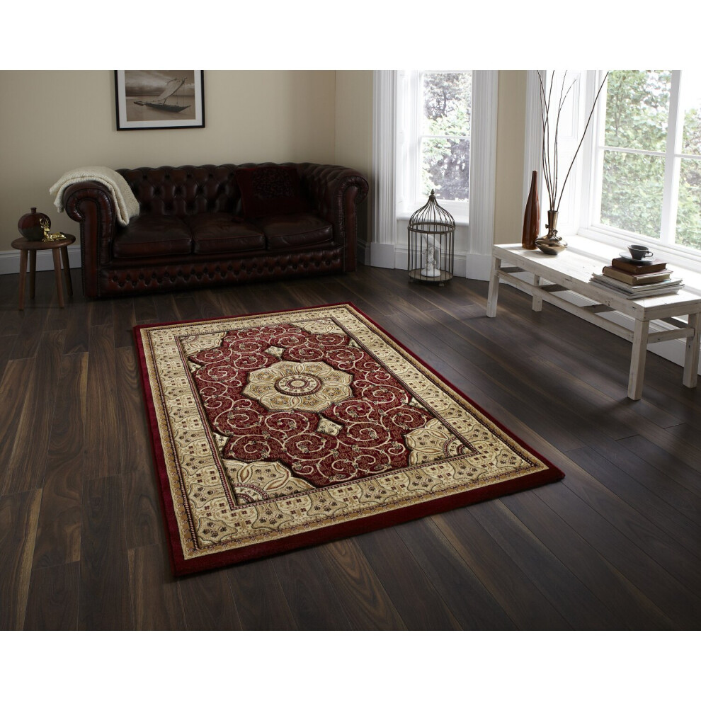 (Red, 67cm x 230cm) Heritage Classic Floral Swirl Pattern Rug Wool Look Pile Home Mat