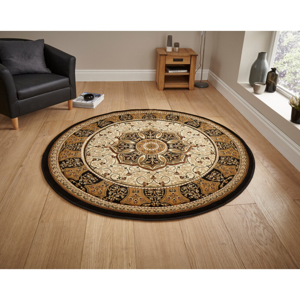 (Black, 150cm Circle) Heritage Classic Floral Swirl Pattern Rug Wool Look Pile Home Mat