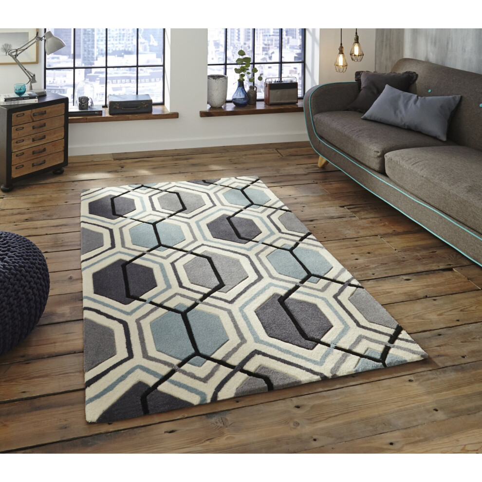 (Grey & Blue, 150cm x 230cm) Hong Kong Hexagon Rug Acrylic Hand Tufted Geometric Mat