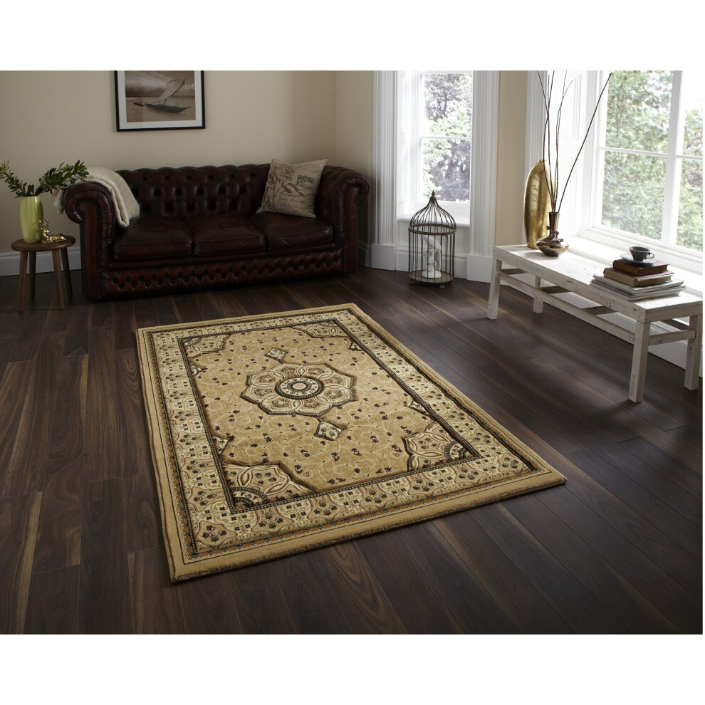 (Beige, 80cm x 140cm) Heritage Classic Floral Swirl Pattern Rug Wool Look Pile Home Mat