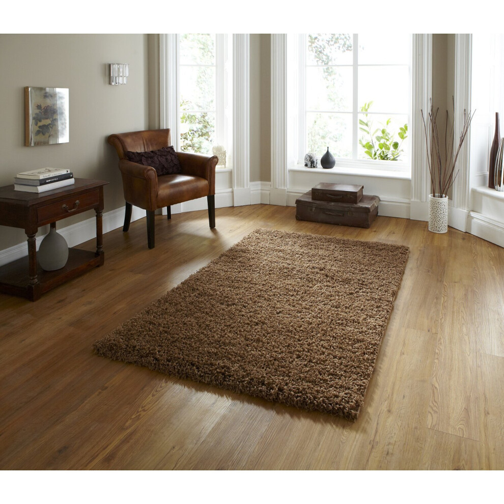 (Beige, 160cm x 220cm) Vista Plain Shaggy Pile Rug Machine Made Polypropylene Floor Mat