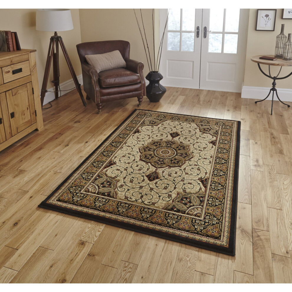 (Black, 160cm x 230cm) Heritage Classic Floral Swirl Pattern Rug Wool Look Pile Home Mat-image-OPC-PC2RW9M-NEW