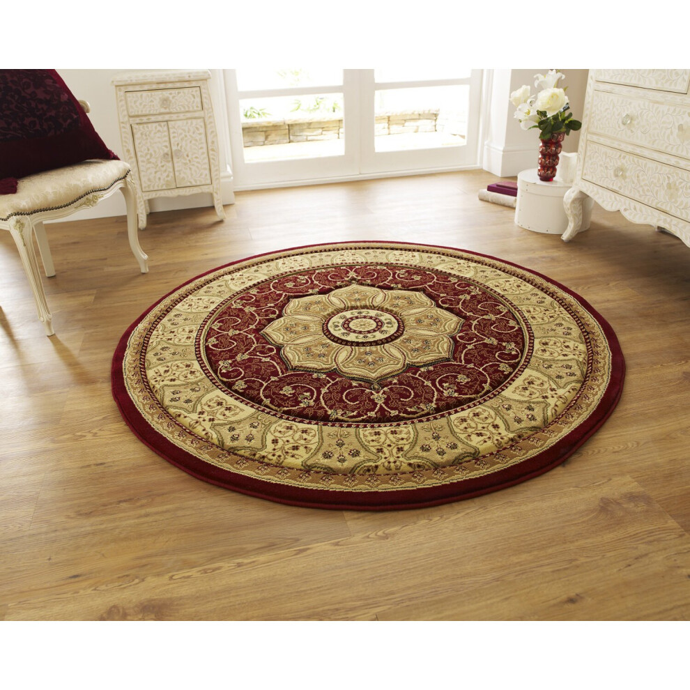 (Red, 150cm Circle) Heritage Classic Floral Swirl Pattern Rug Wool Look Pile Home Mat